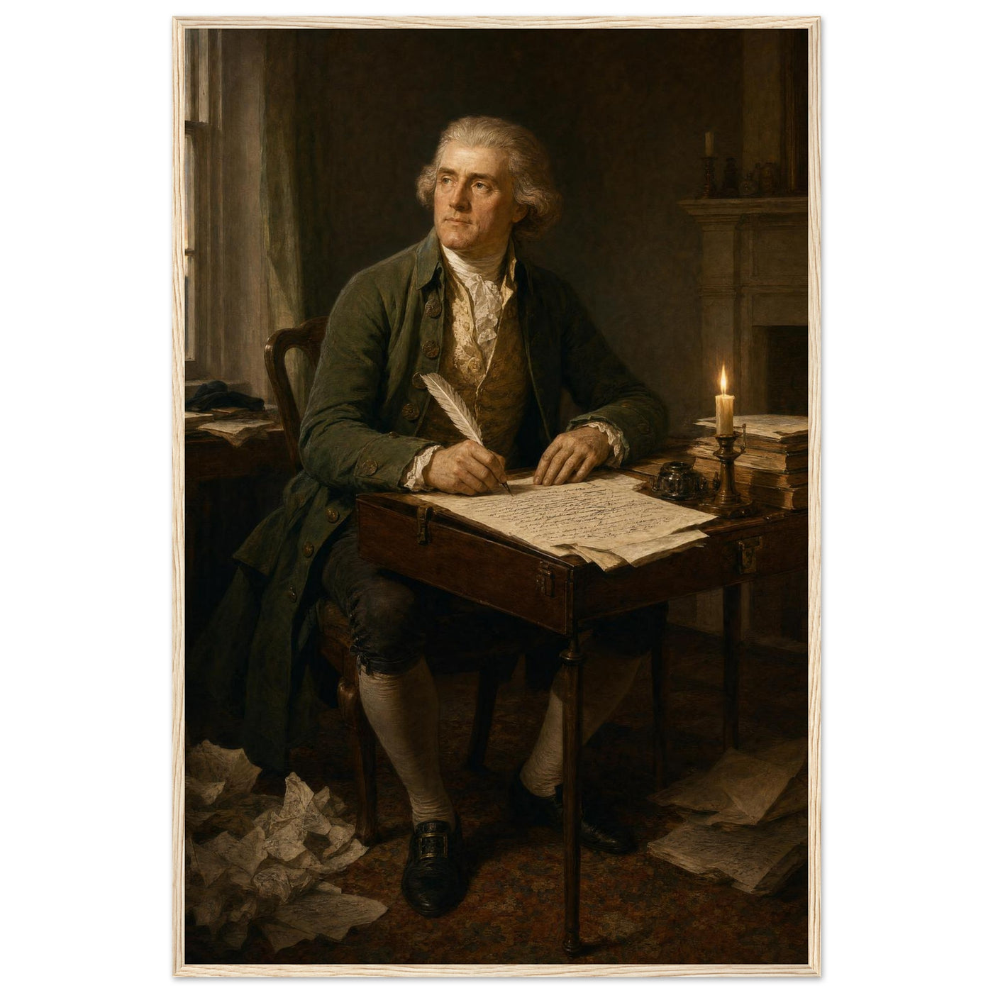 Framed portrait of Thomas Jefferson at his writing desk, ready to hang.