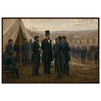 Framed art print of a Union army encampment with tents and officers at Antietam, in a solid wood frame.
