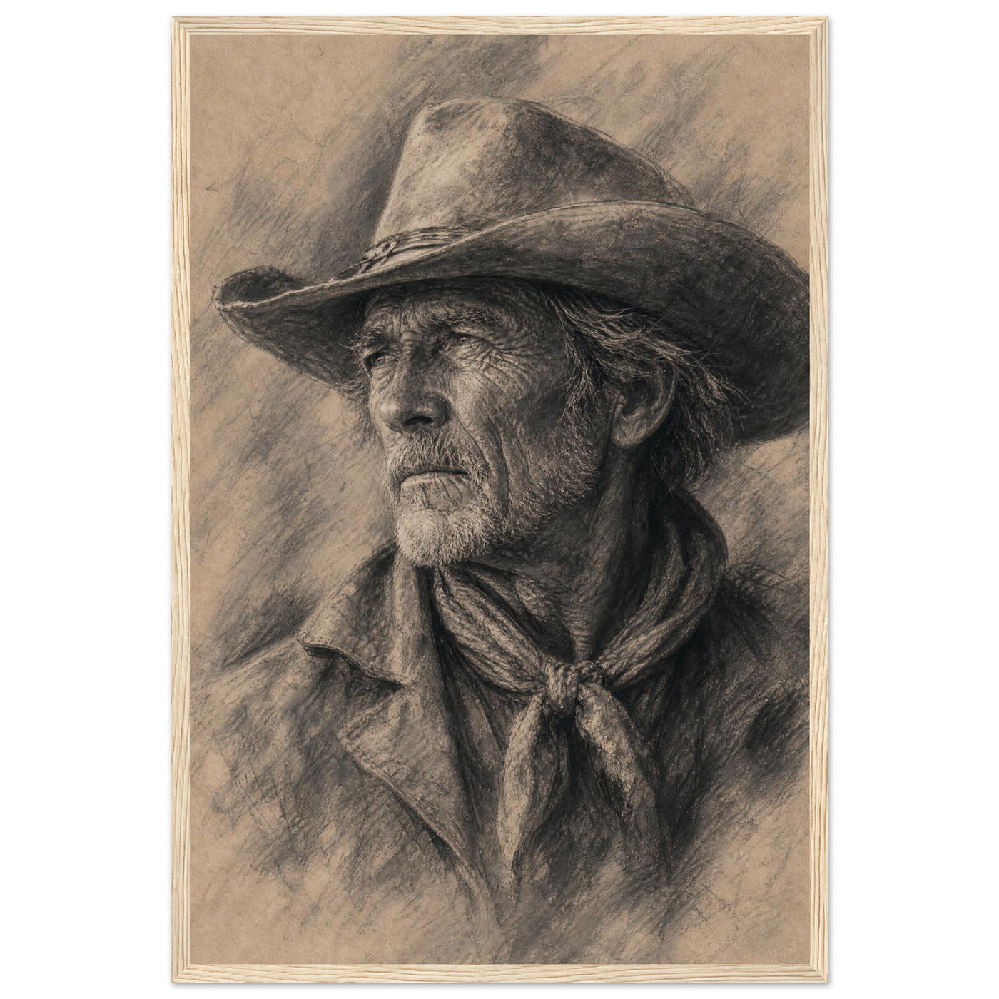 Framed black-and-white charcoal portrait of a weathered old cowhand, in a solid wood frame.