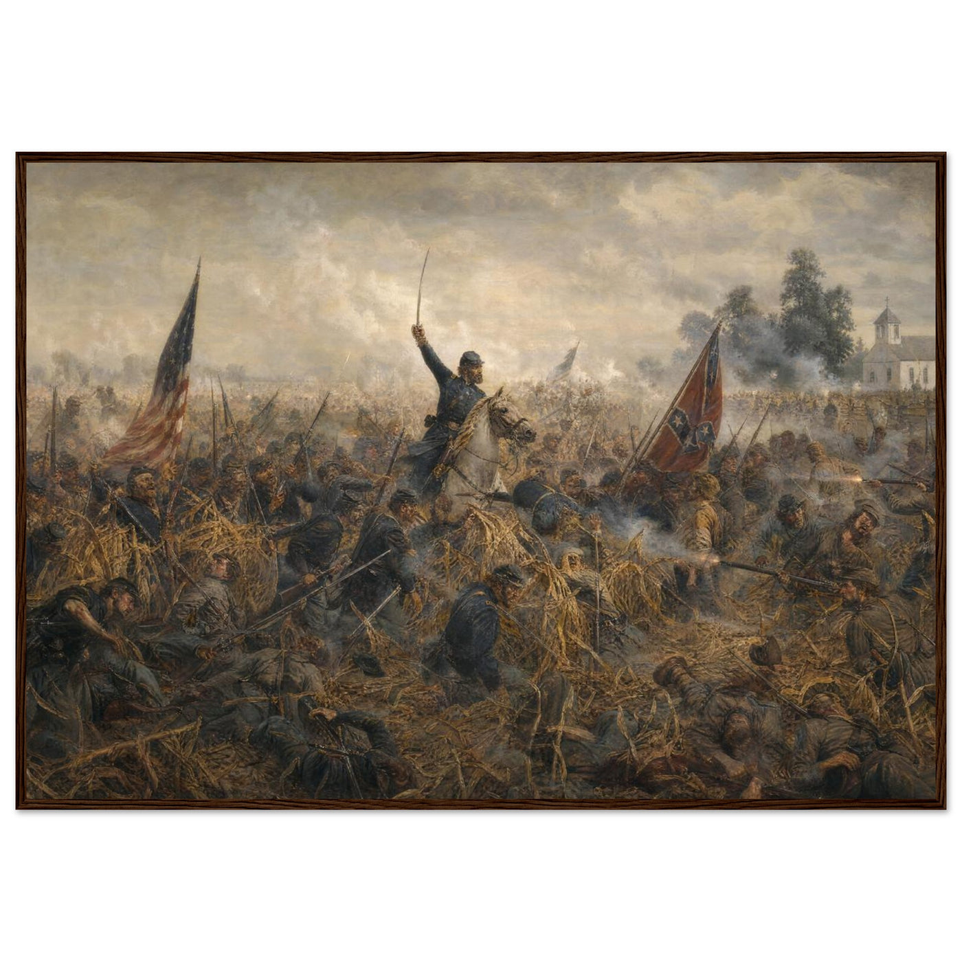 Framed panoramic art print of the Battle of Antietam, in a solid wood frame.