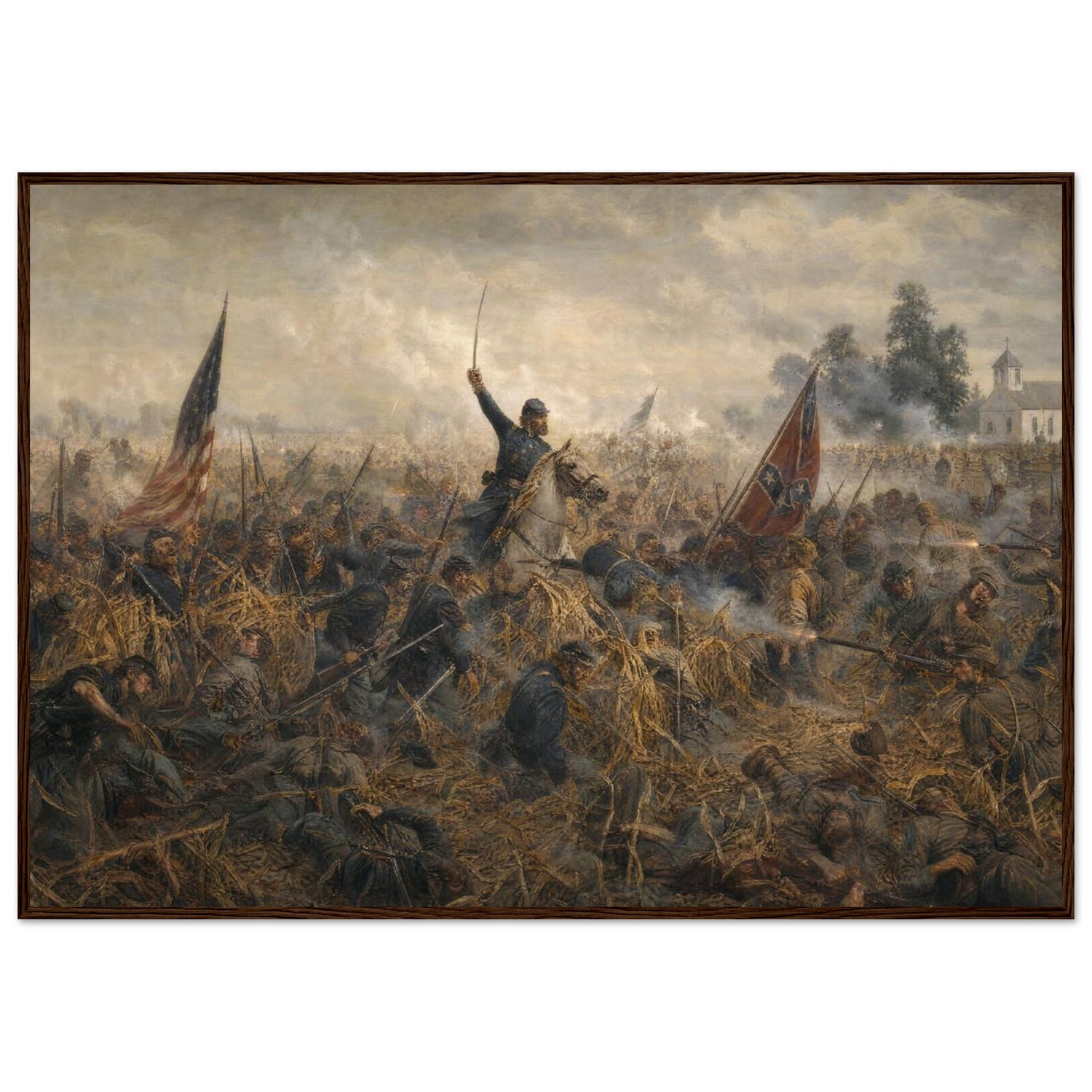 Framed panoramic art print of the Battle of Antietam, in a solid wood frame.
