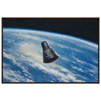 Framed panoramic art print of the Friendship 7 capsule orbiting Earth against the black of space, in a solid wood frame.