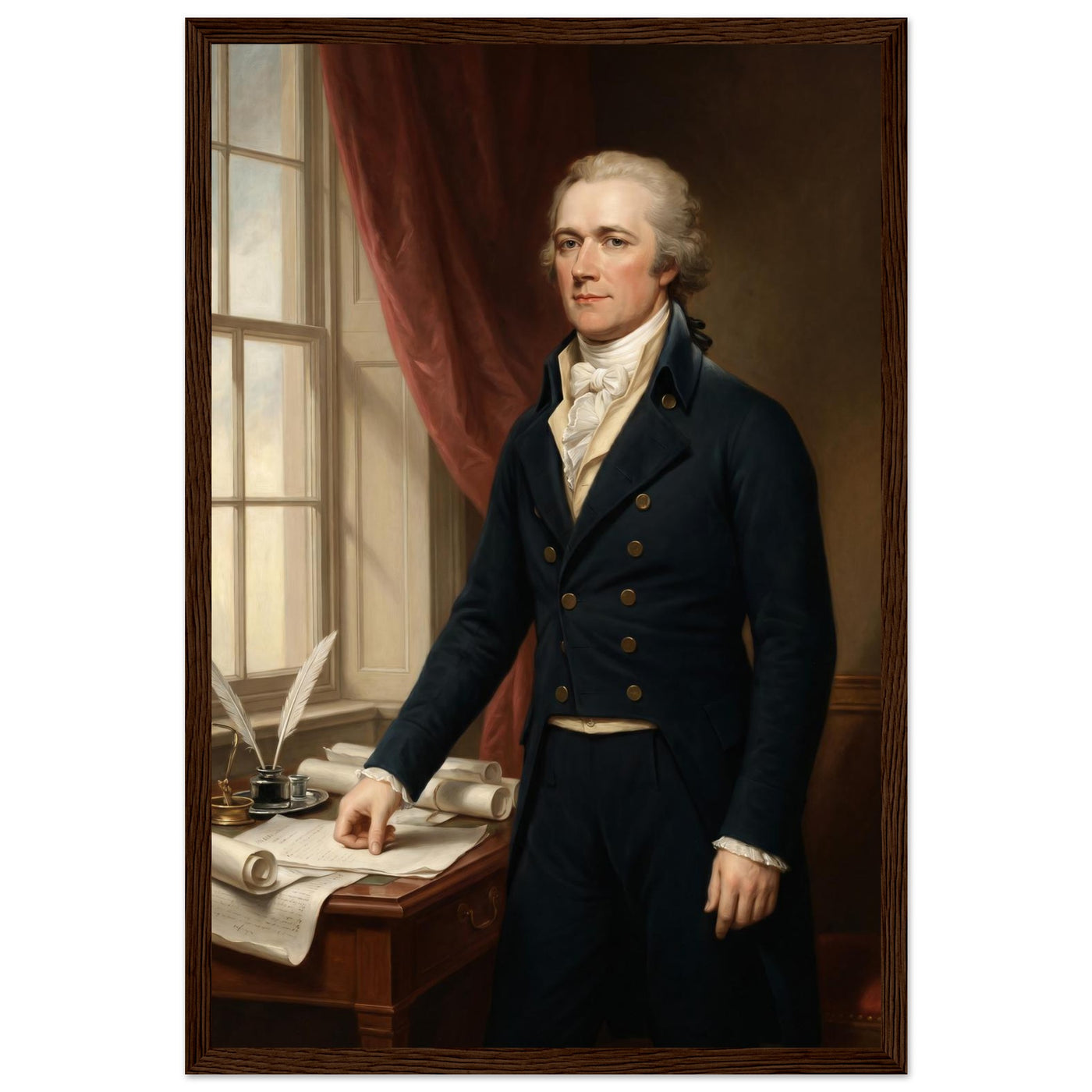 Framed portrait of Alexander Hamilton, ready to hang.