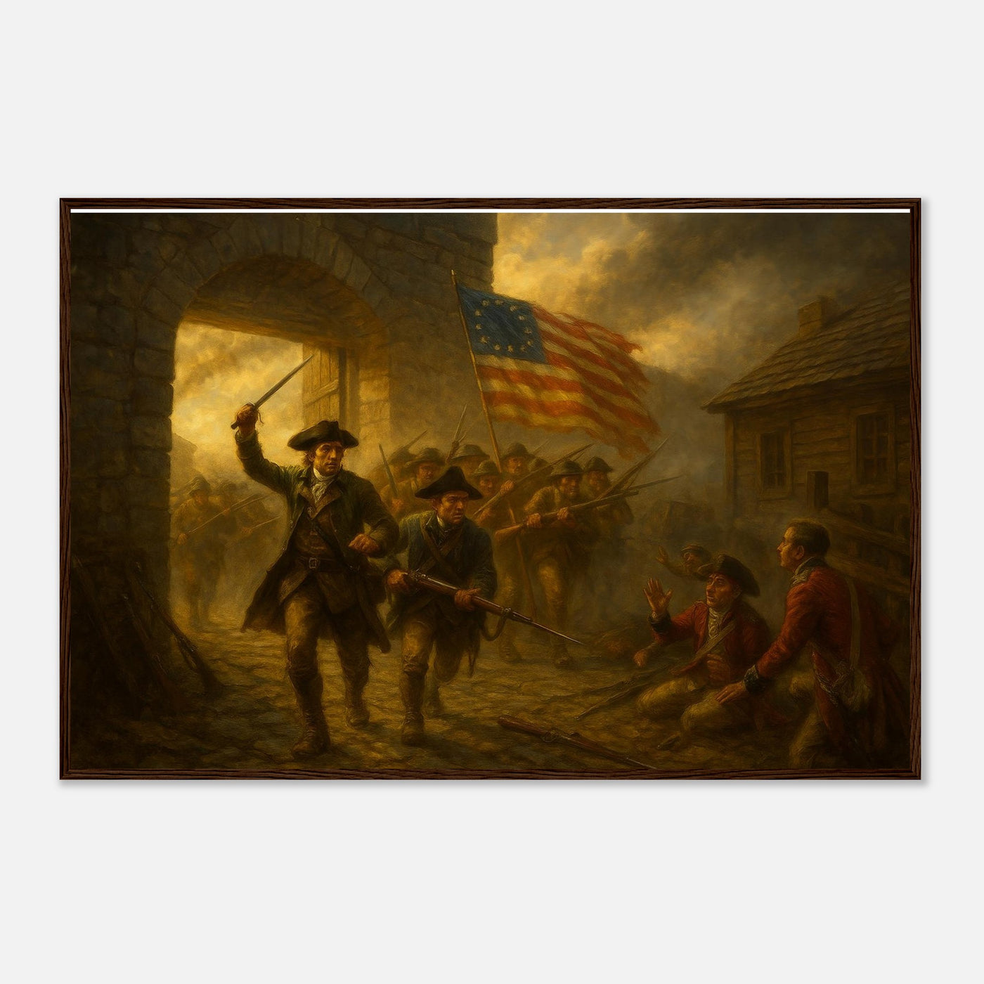 Framed print of the capture of Fort Ticonderoga, ready to hang.
