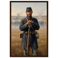 Framed portrait of a Union soldier standing with his rifle, ready to hang.