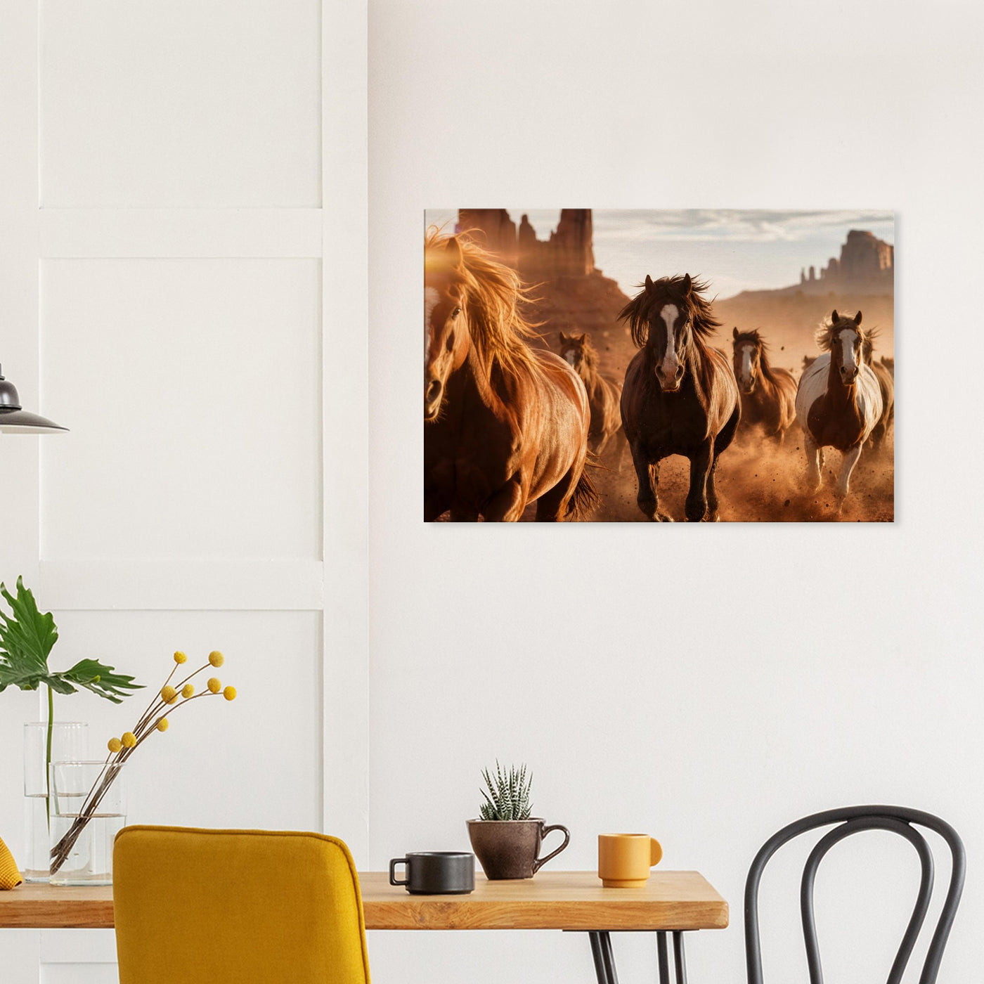 Canvas print of a wild mustang herd galloping — room view, ready to hang.