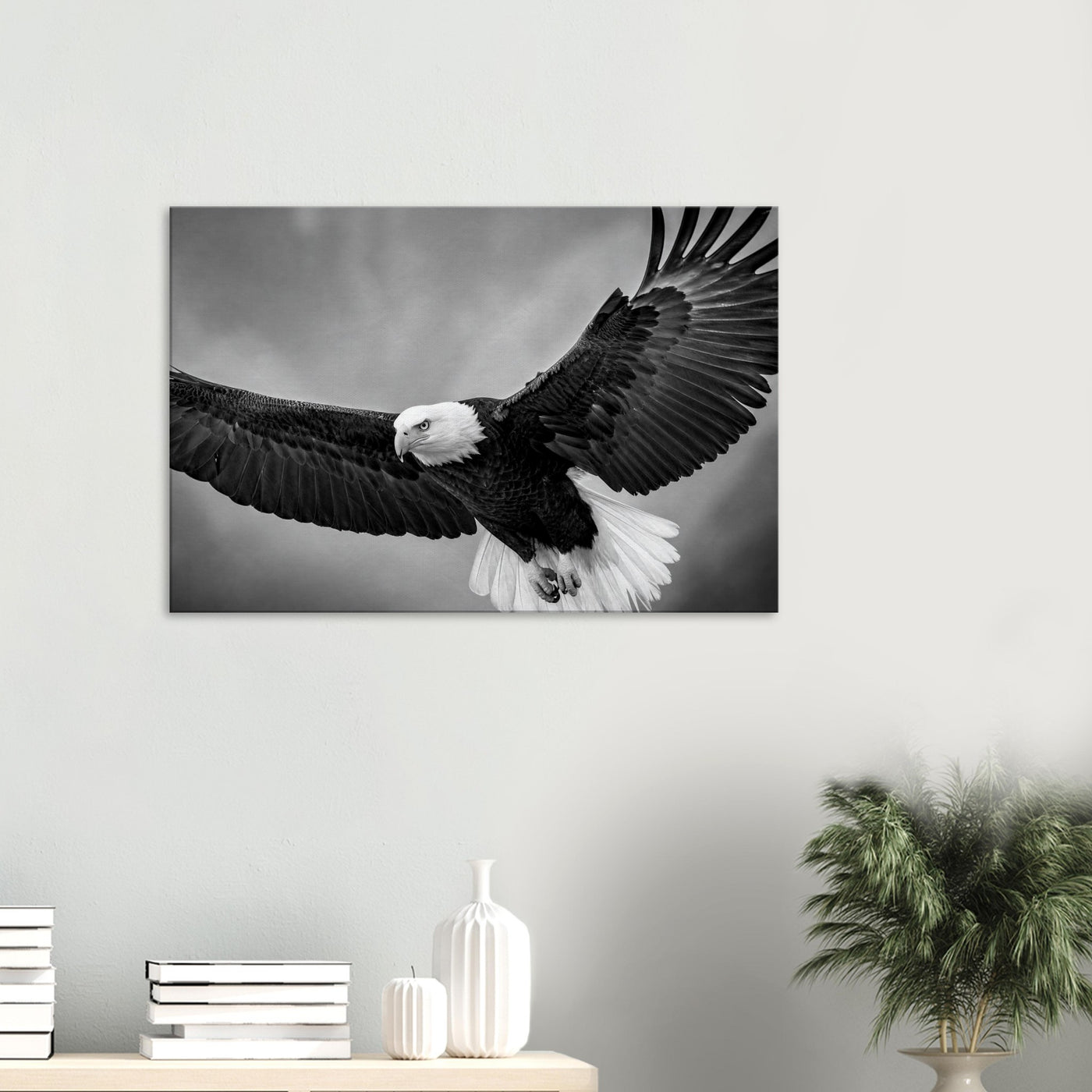 Canvas print of a bald eagle in flight — room view, ready to hang.