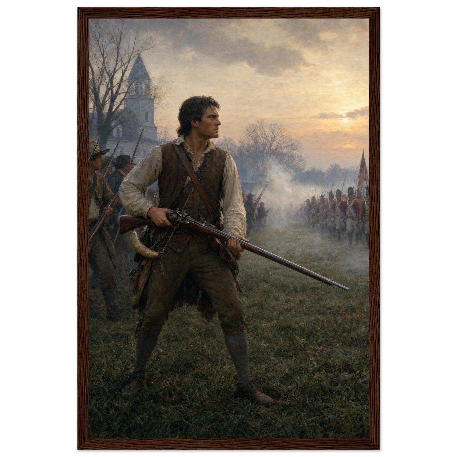 Framed print of a minuteman at the dawn of the Revolution, ready to hang.