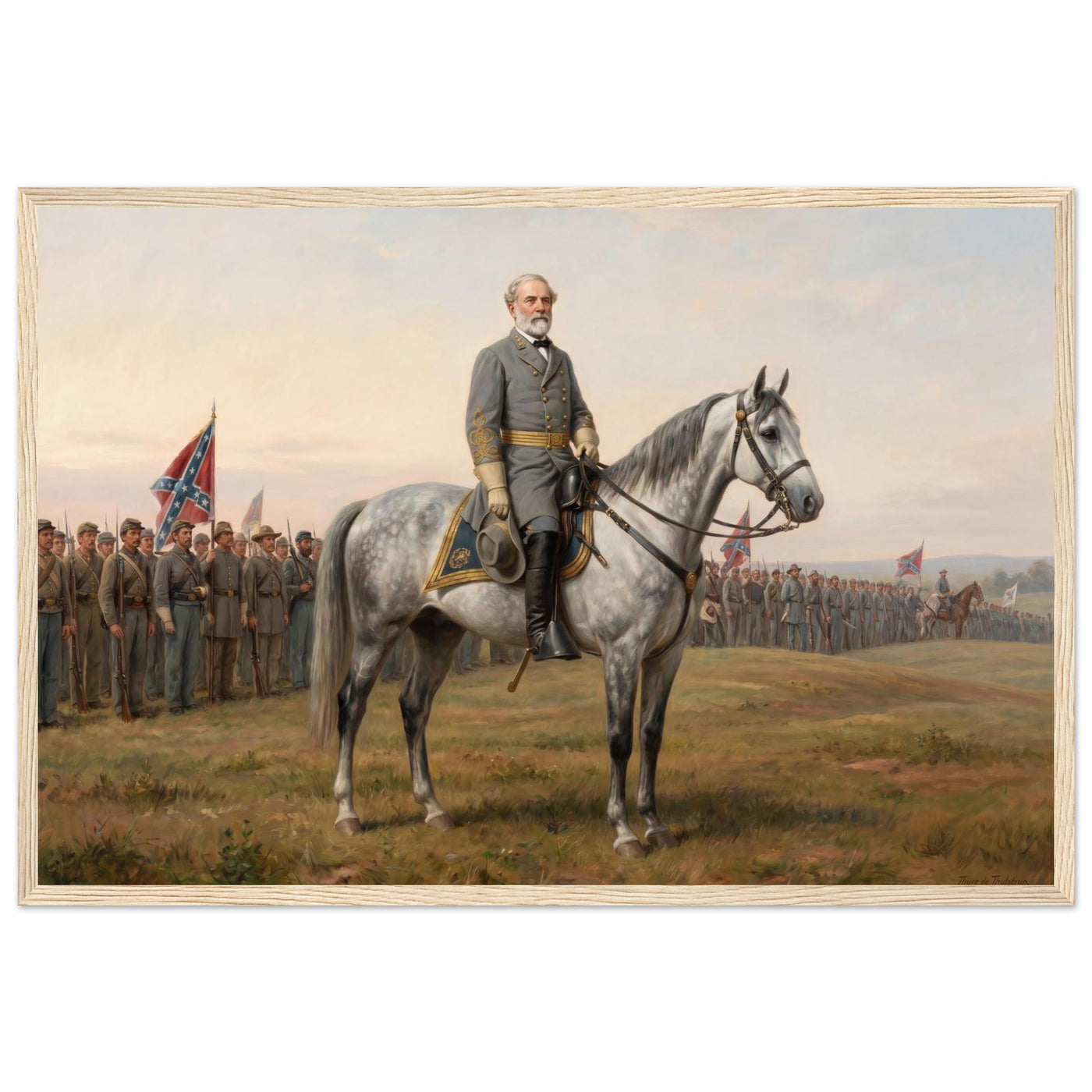 Framed equestrian painting of General Lee mounted with his Confederate generals, in a solid wood frame.