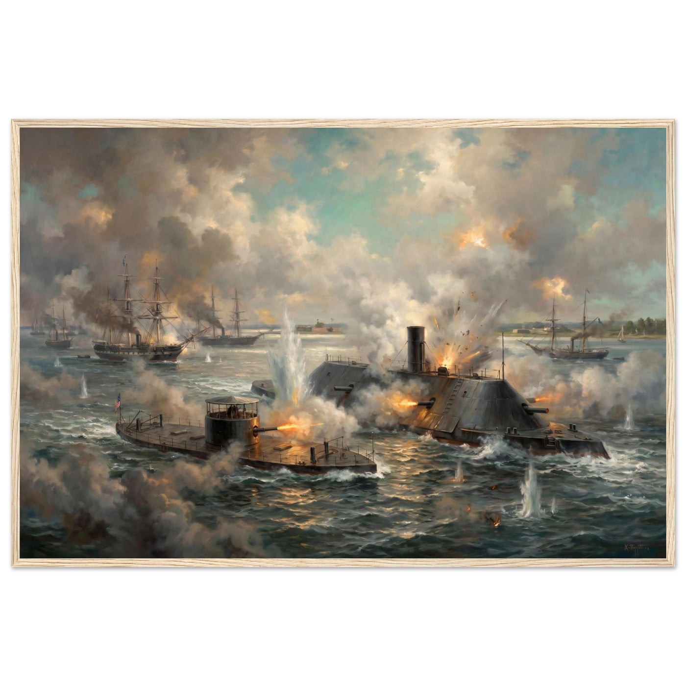 Wooden framed print of the Monitor and Virginia — room view, ready to hang.