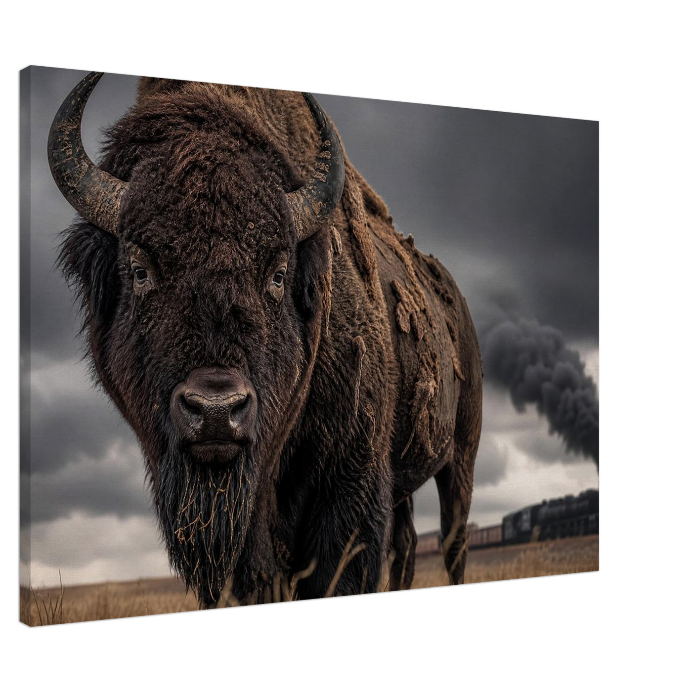 Canvas print of a bison and a train on the plains — room view, ready to hang.