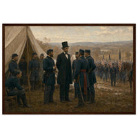 Framed art print of a Union army encampment with tents and officers at Antietam, in a solid wood frame.