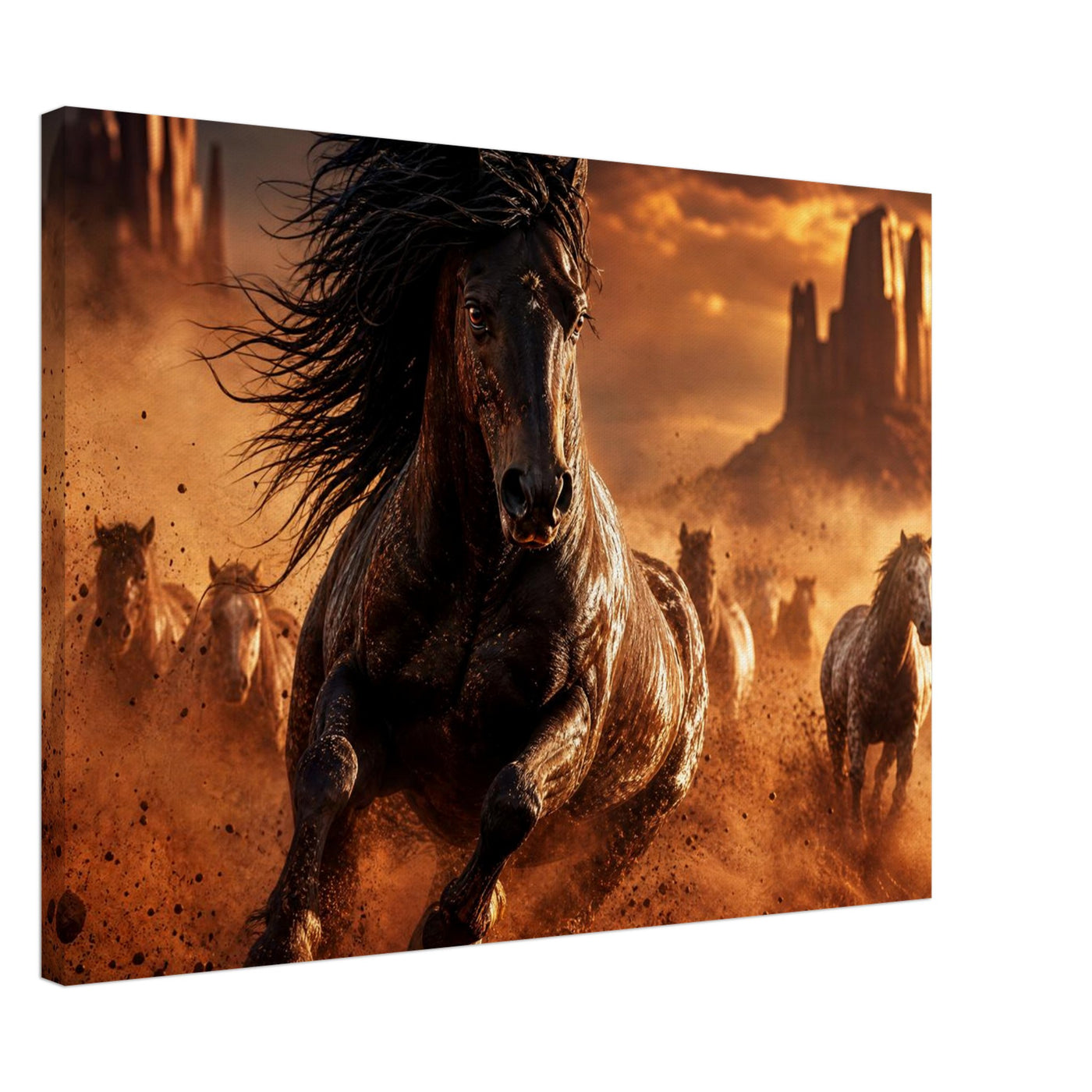 Canvas print of a wild mustang in the desert — room view, ready to hang.