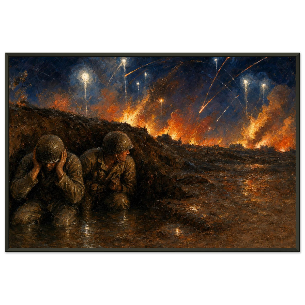 Night Bombardment at Anzio — framed fine art print of two GIs in a trench under shellfire, 16x24″ in a black frame