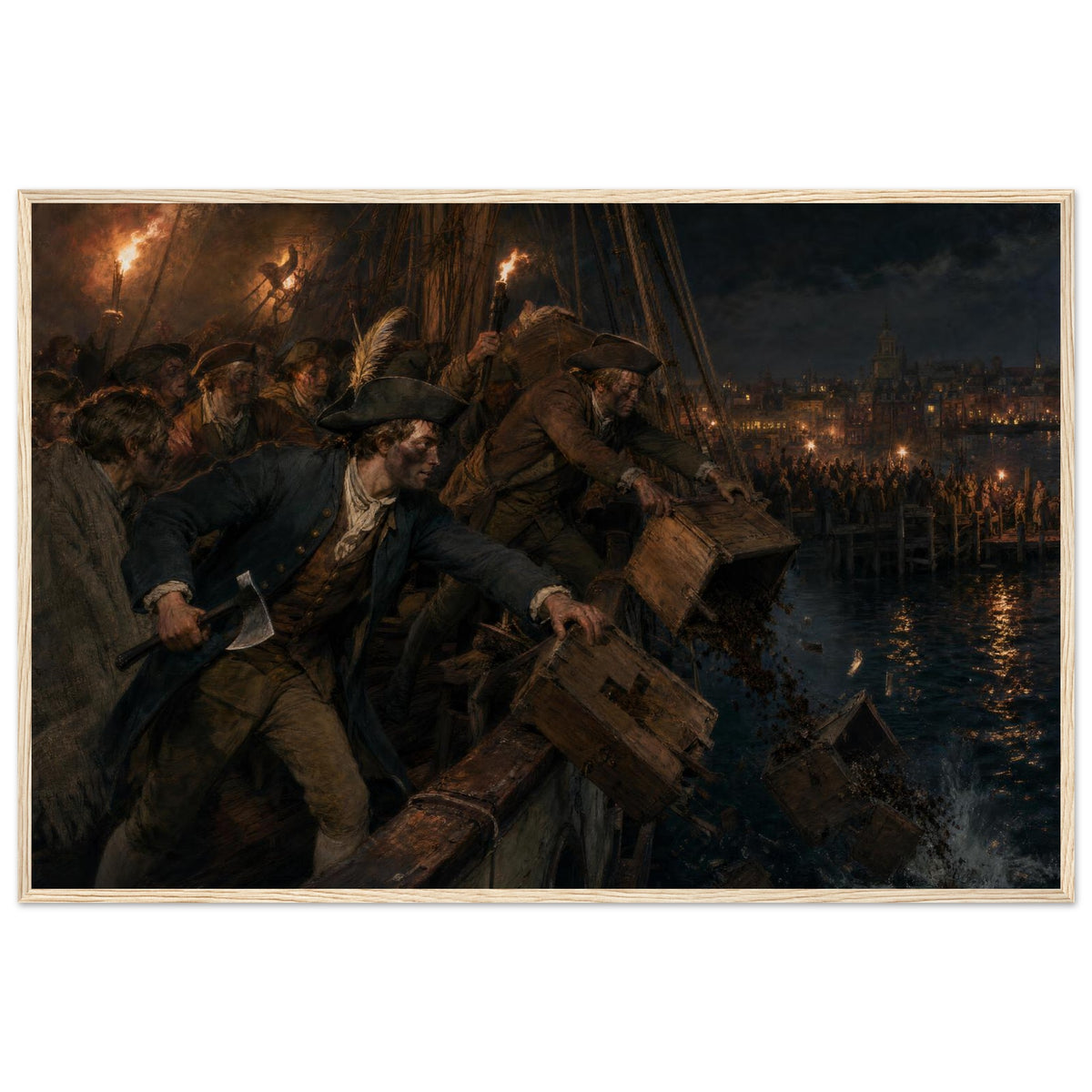 Framed print of the Boston Tea Party, ready to hang.