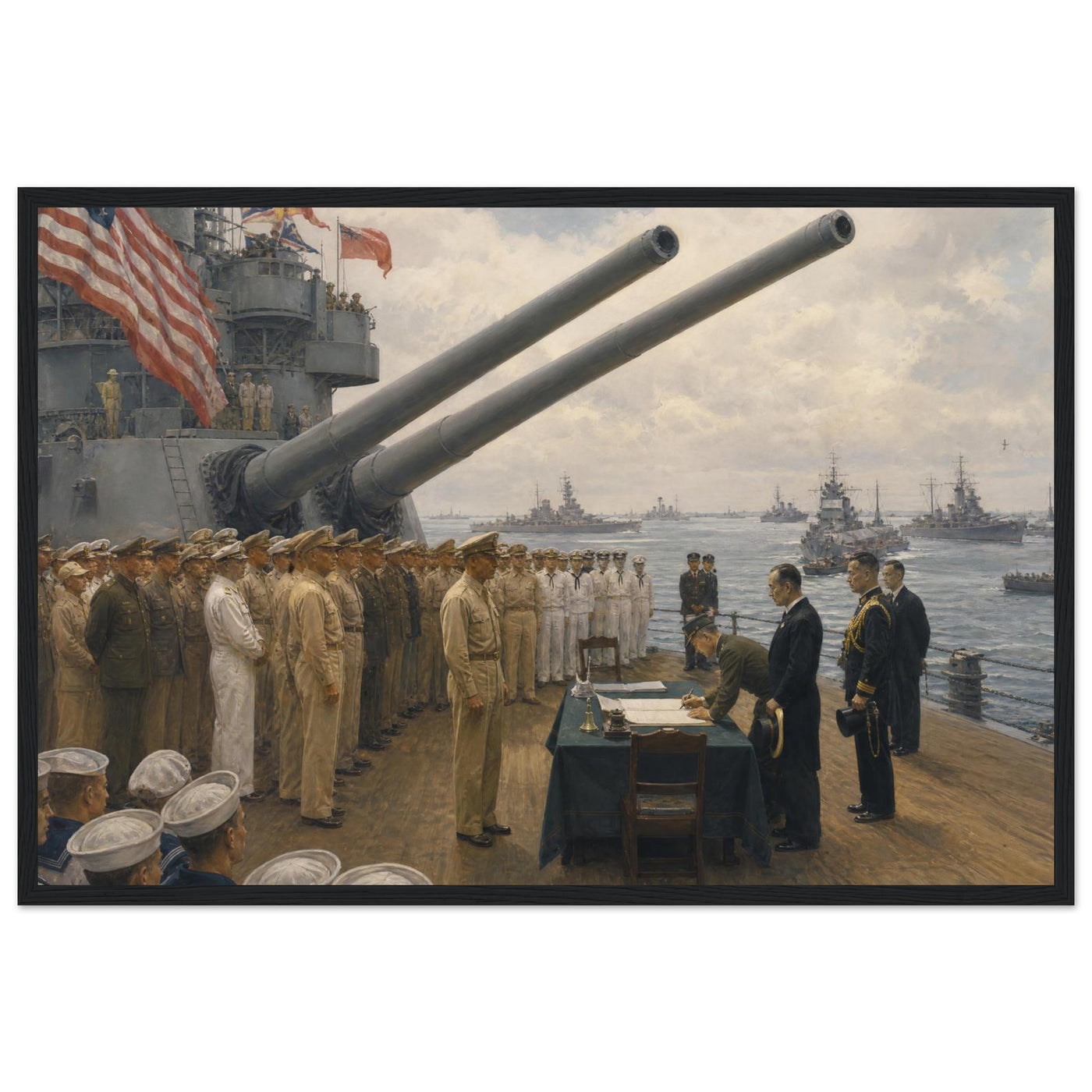 Framed panoramic art print of the 1945 Japanese surrender ceremony aboard the USS Missouri, in a solid wood frame.