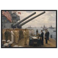 Framed panoramic art print of the 1945 Japanese surrender ceremony aboard the USS Missouri, in a solid wood frame.