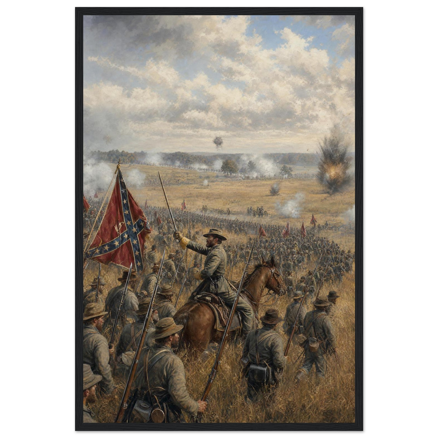 Framed print of the first charge at Manassas, ready to hang.
