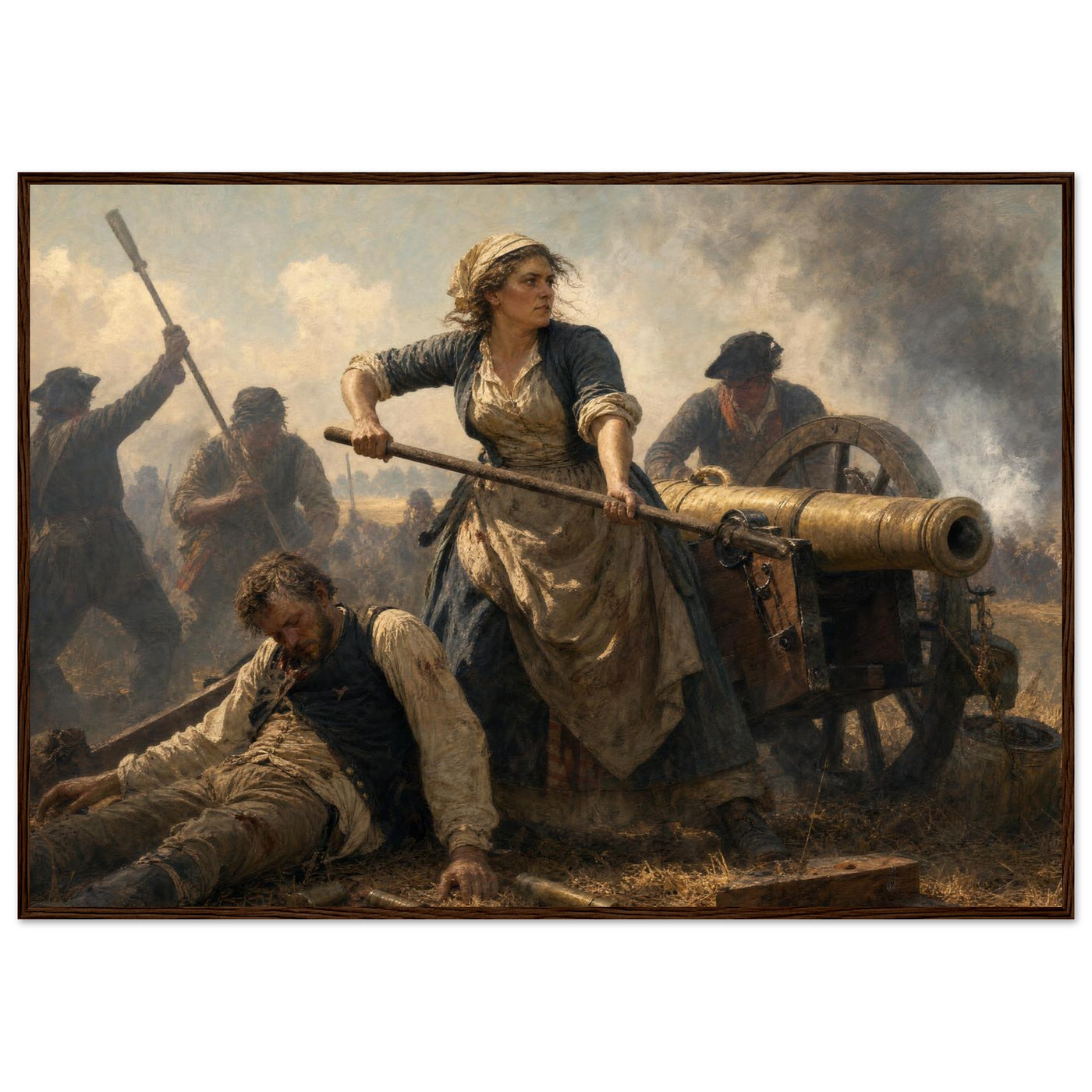 Framed art print of a woman standing defiantly at a cannon amid fallen soldiers on the battlefield, in a solid wood frame.