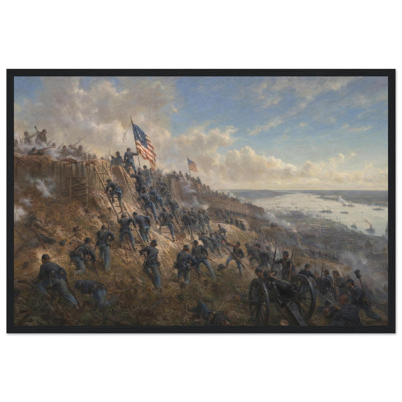 Wooden framed print of the storming of Vicksburg — room view, ready to hang.