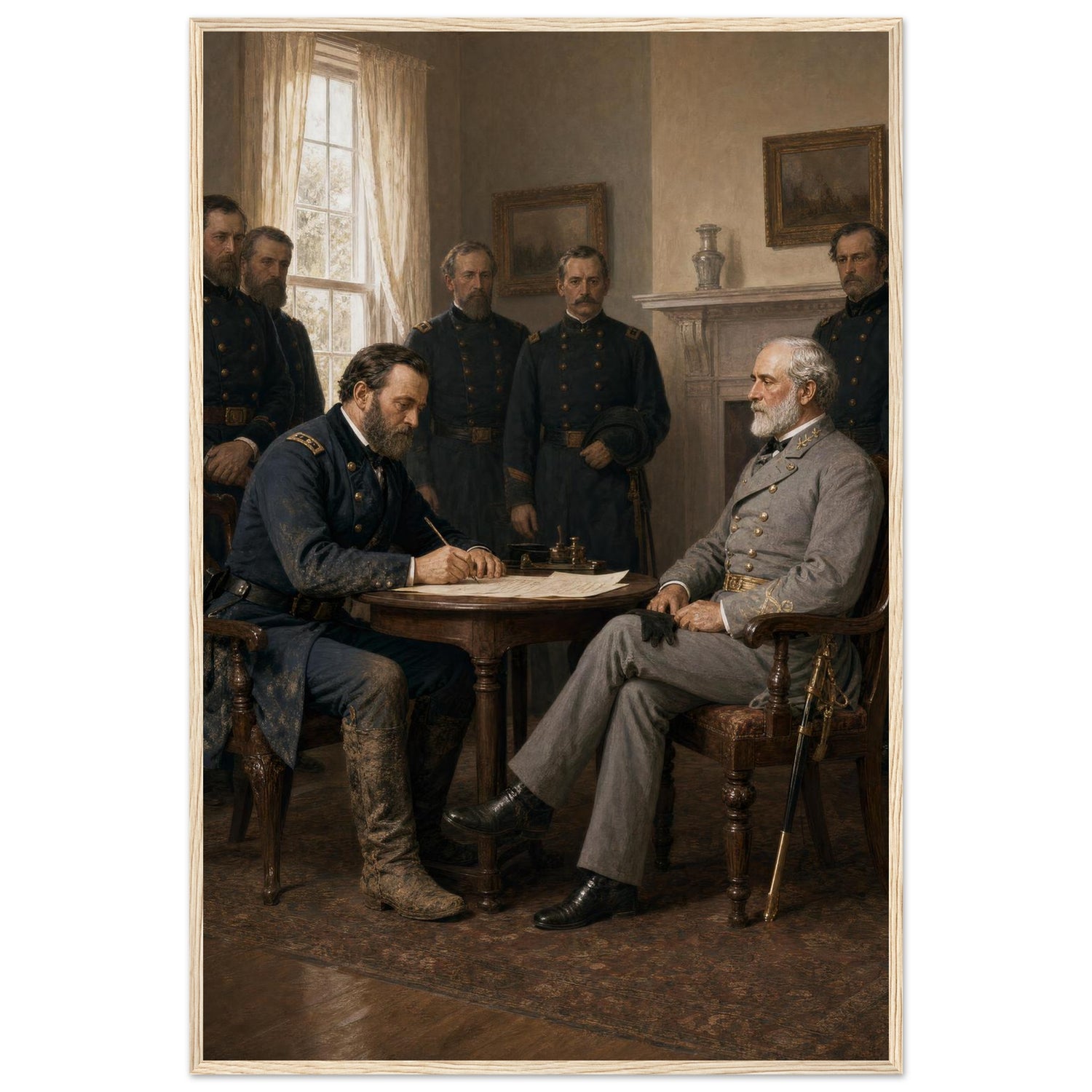 Framed print of Lee and Grant at the Appomattox surrender, ready to hang.
