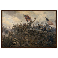 Framed art print of the hand-to-hand melee at the stone wall during Pickett's Charge, Confederate battle flag raised, in a solid wood frame.