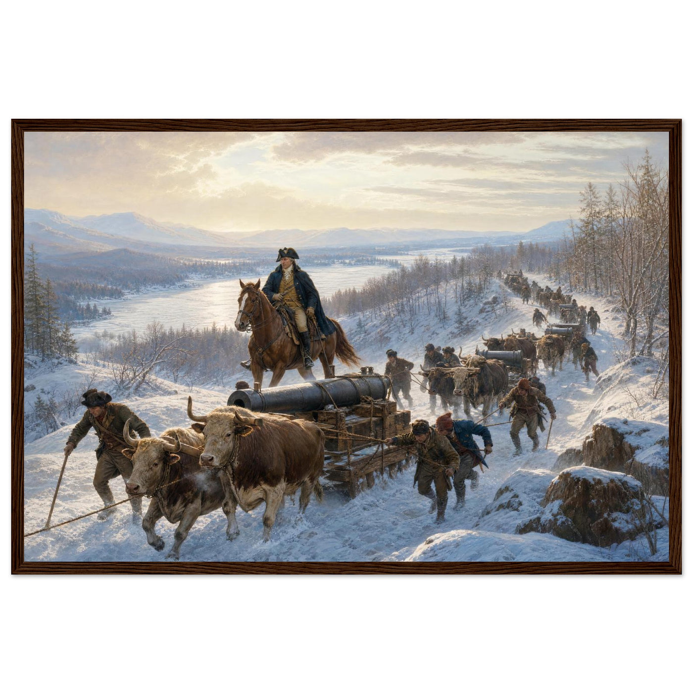Framed art print of Civil War soldiers and wagons marching through deep snow, in a solid wood frame.