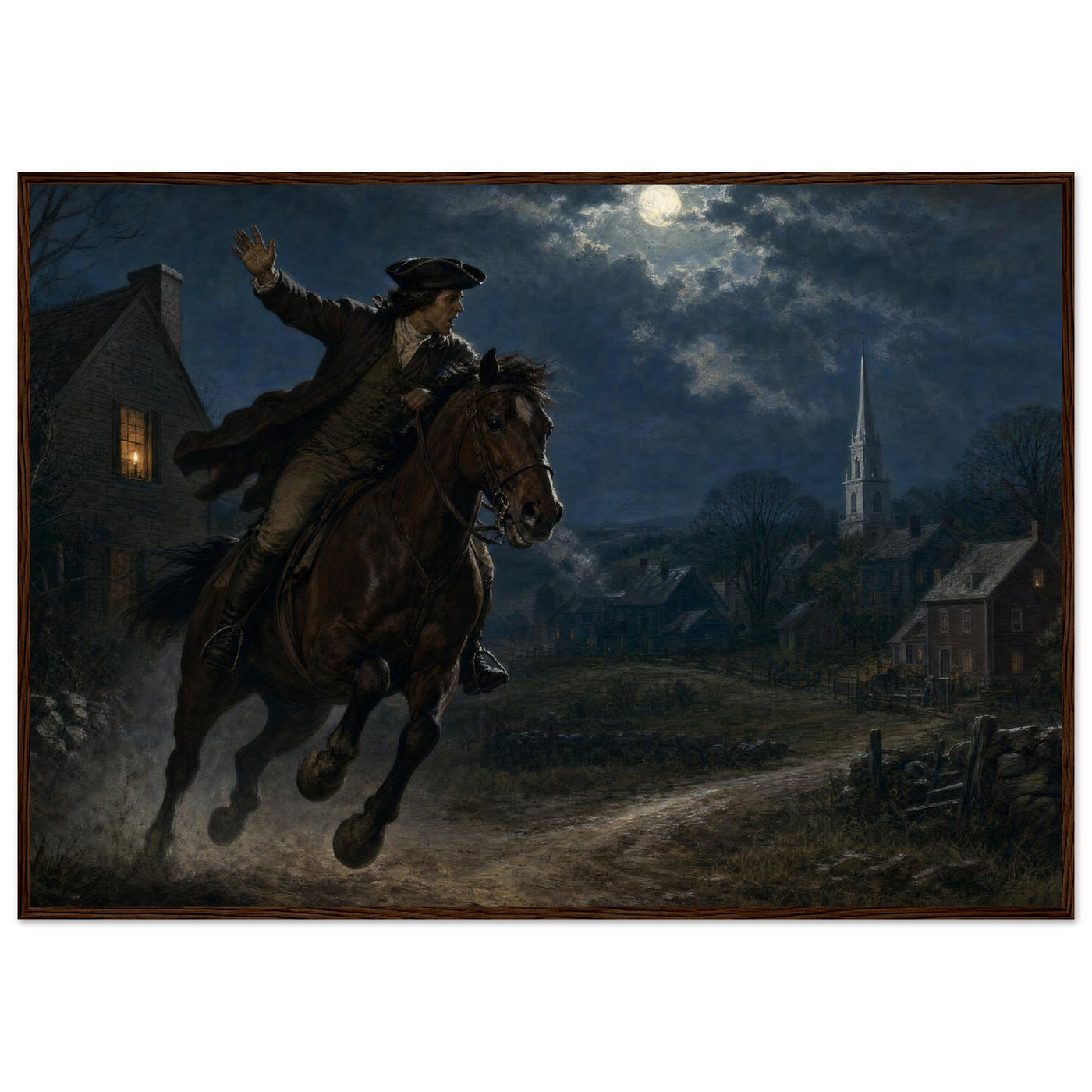Framed print of Paul Revere's midnight ride, ready to hang.
