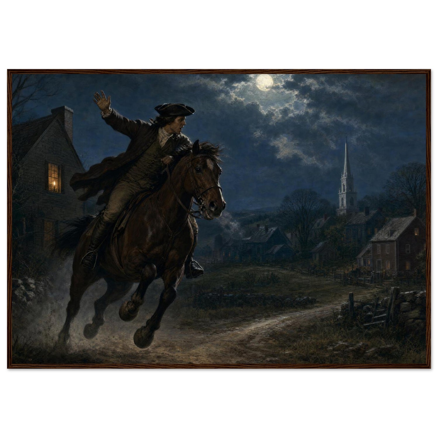 Framed print of Paul Revere's midnight ride, ready to hang.