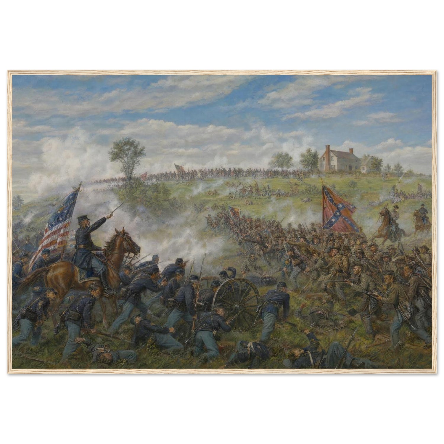 Framed panoramic art print of the smoke-filled Confederate assault during Pickett's Charge at Gettysburg, in a solid wood frame.