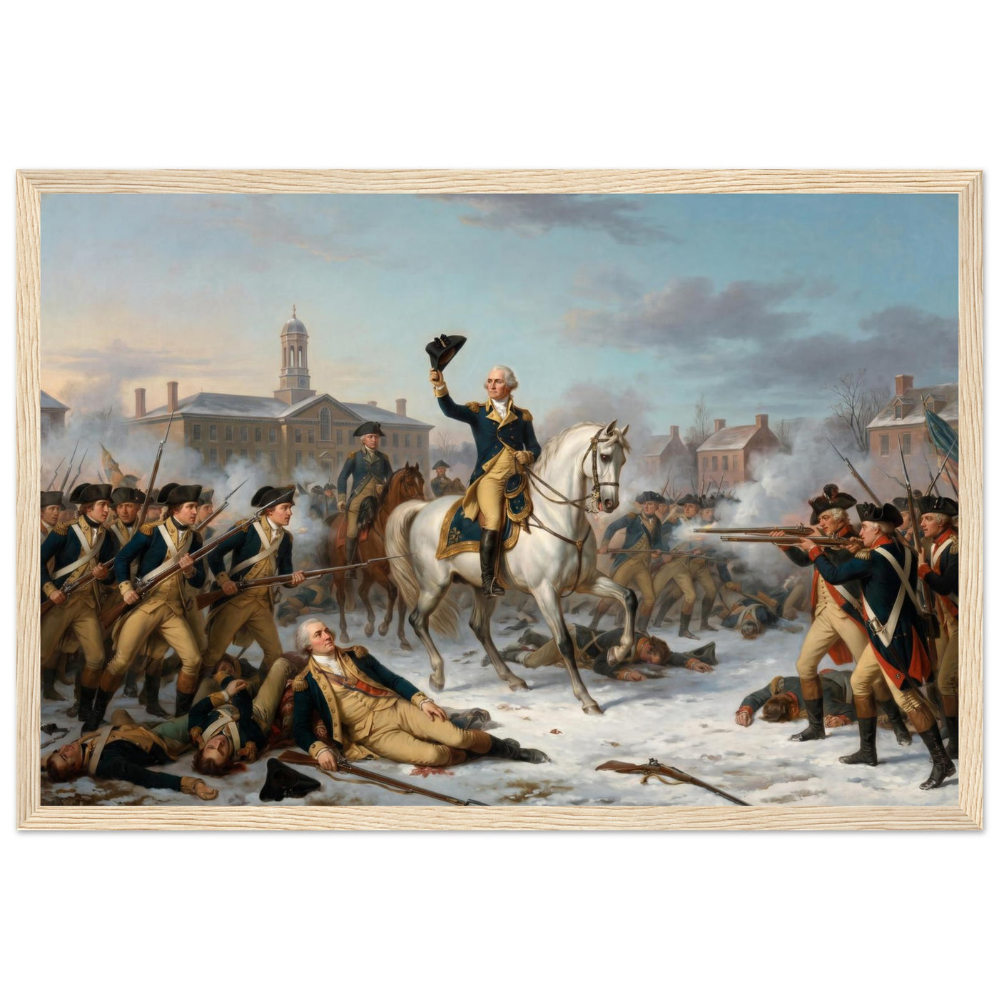 Framed print of Washington rallying the troops at Trenton, ready to hang.