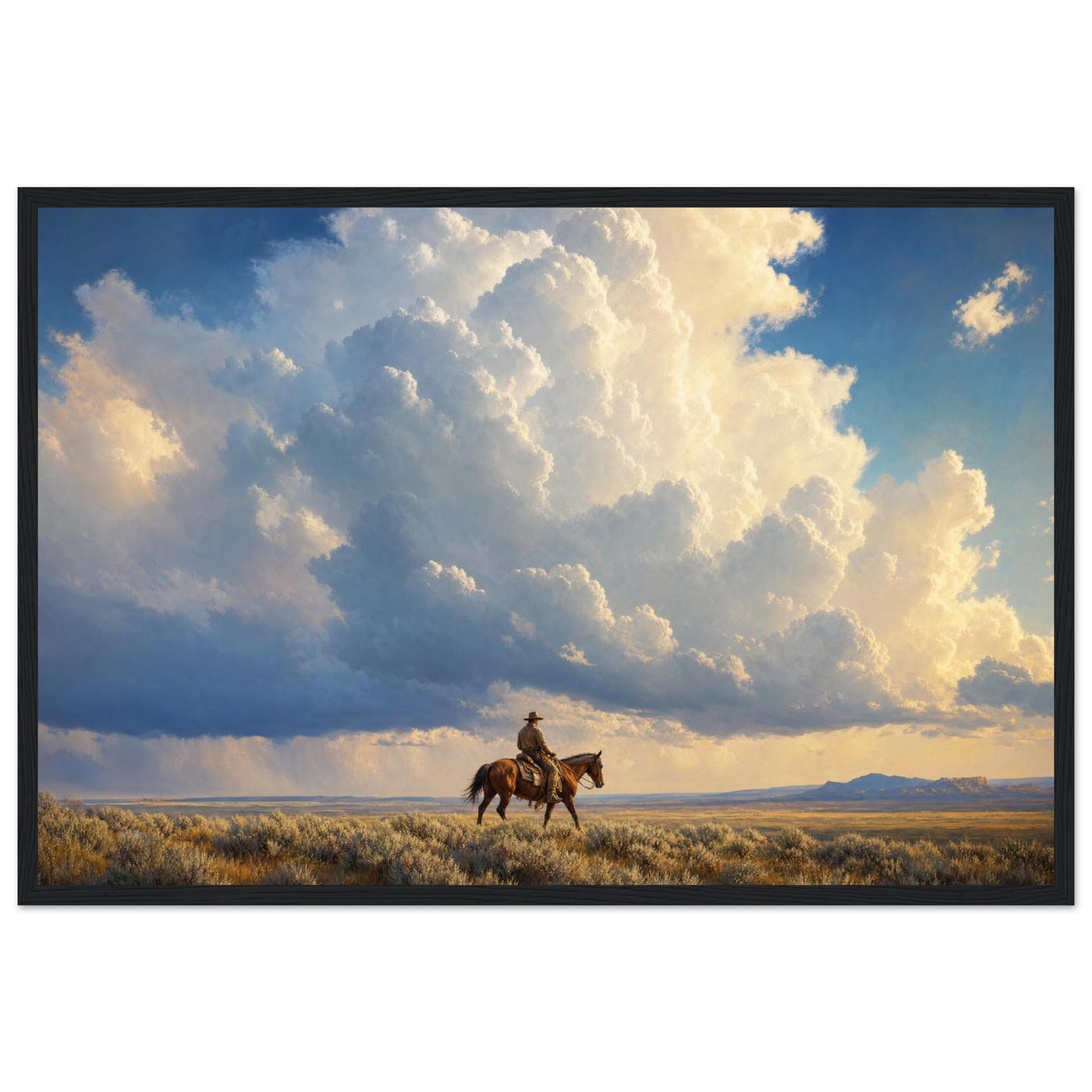 Wooden framed print of a lone cowboy at sunset — room view, ready to hang.