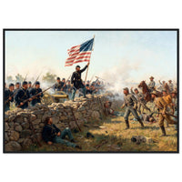 Framed art print of a Union soldier raising the Stars and Stripes amid the smoke of battle, in a solid wood frame.