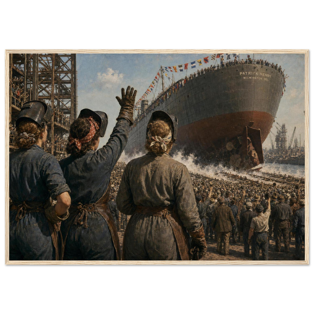 Launching a Liberty Ship — framed fine art print of women welders cheering a ship launch, 12x18″ in a natural wood frame