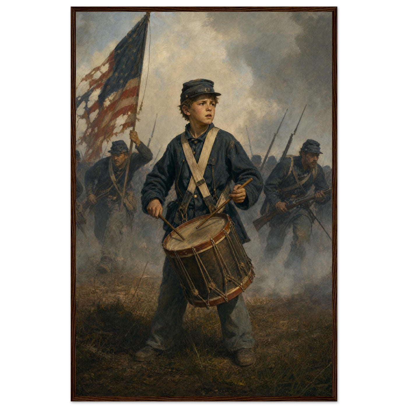 Framed print of a Union drummer boy on the battlefield, ready to hang.