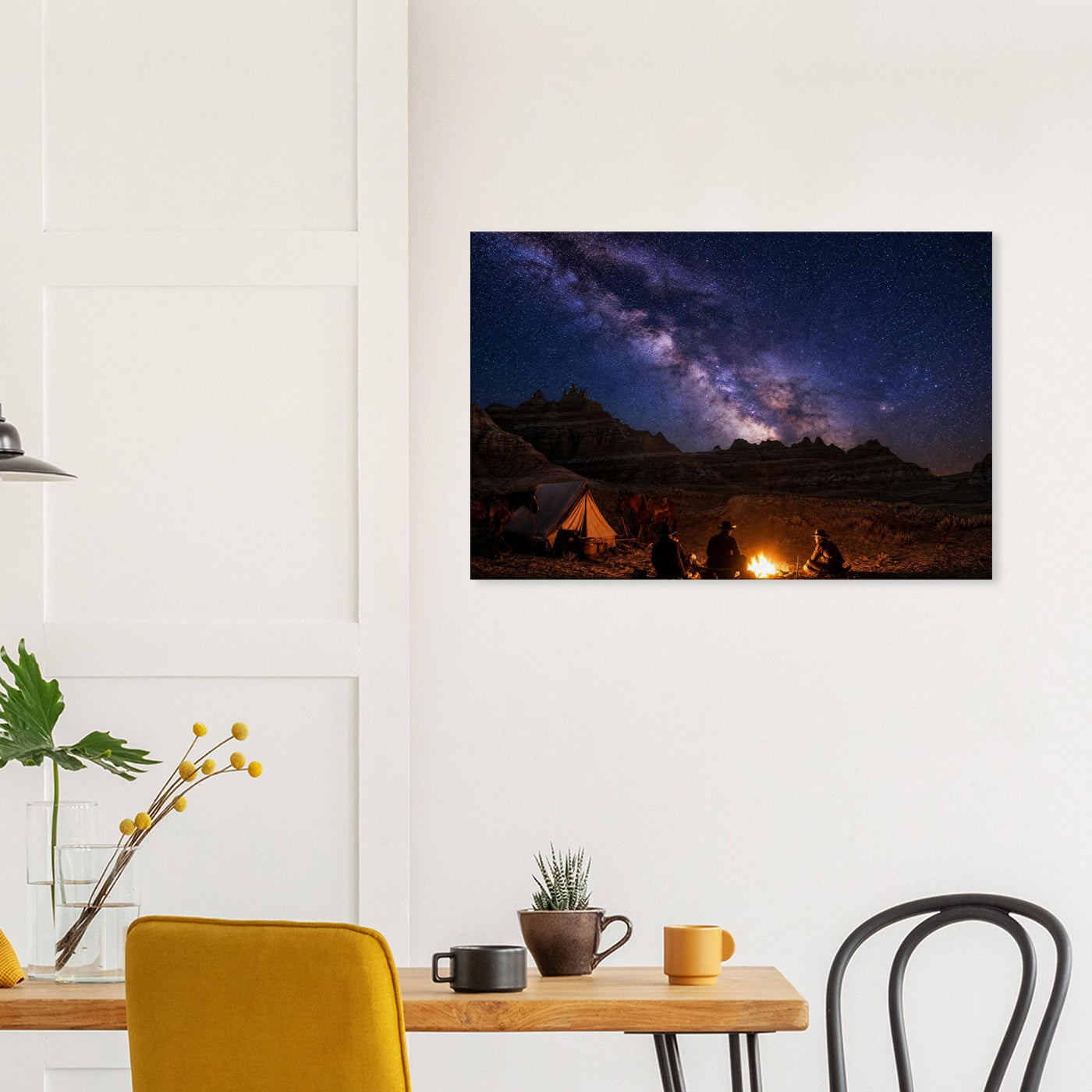 Canvas print of a campfire beneath the Milky Way — room view, ready to hang.
