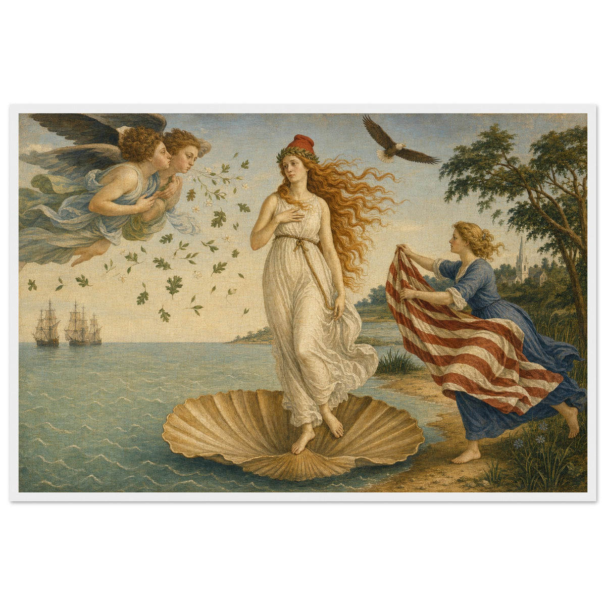 The Birth of Columbia — framed fine art print of Columbia on a scallop shell at the shore, an attendant holding out a striped cloak, in a white frame