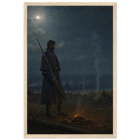 Framed print of a soldier's moonlit vigil by a campfire, ready to hang.