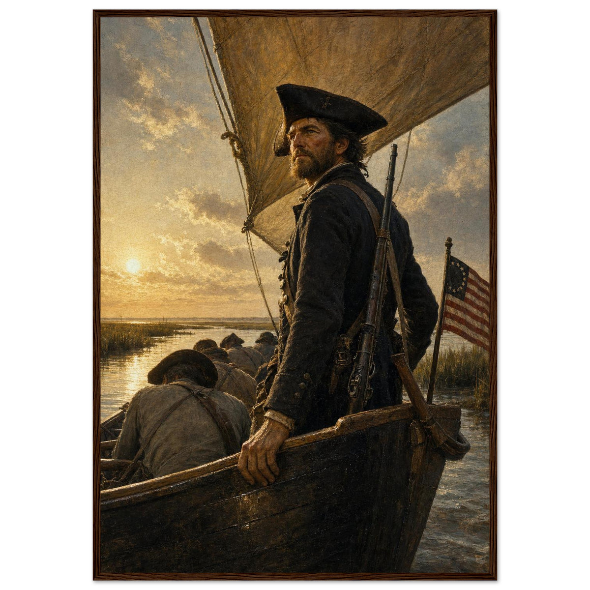 Joshua Huddy and the Black Snake — framed fine art print of a militia captain in a gunboat, 12x18″ in a dark wood frame