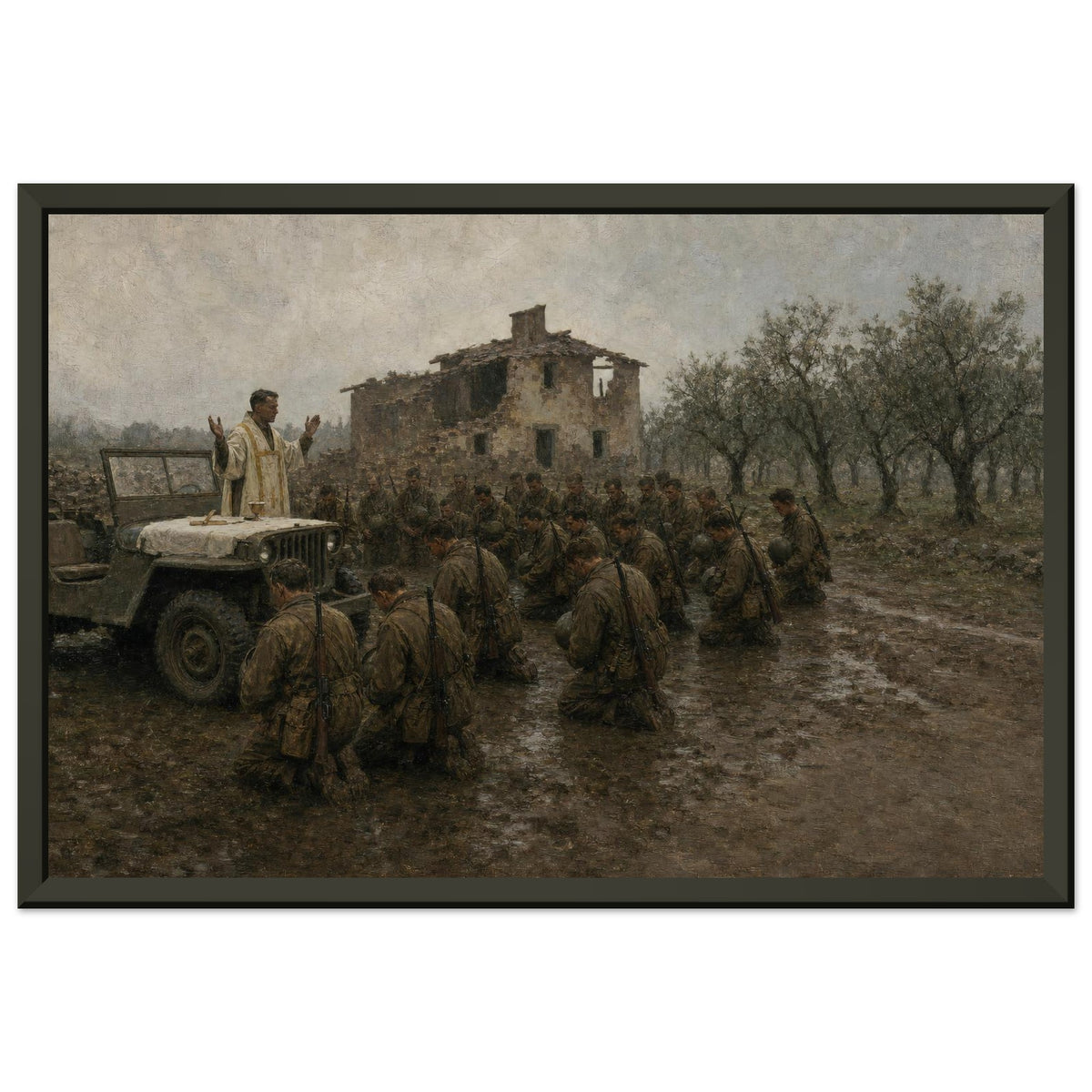 Mass on a Jeep — framed fine art print of a chaplain at a jeep-hood altar before soldiers, 24x36″ in a black frame