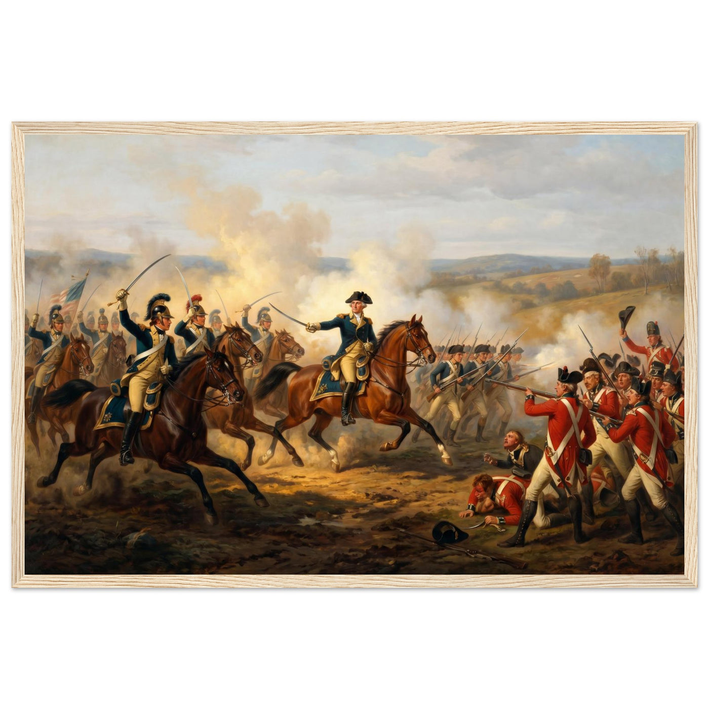 Framed art print of a mounted officer leading a Civil War cavalry charge with the colors, in a solid wood frame.