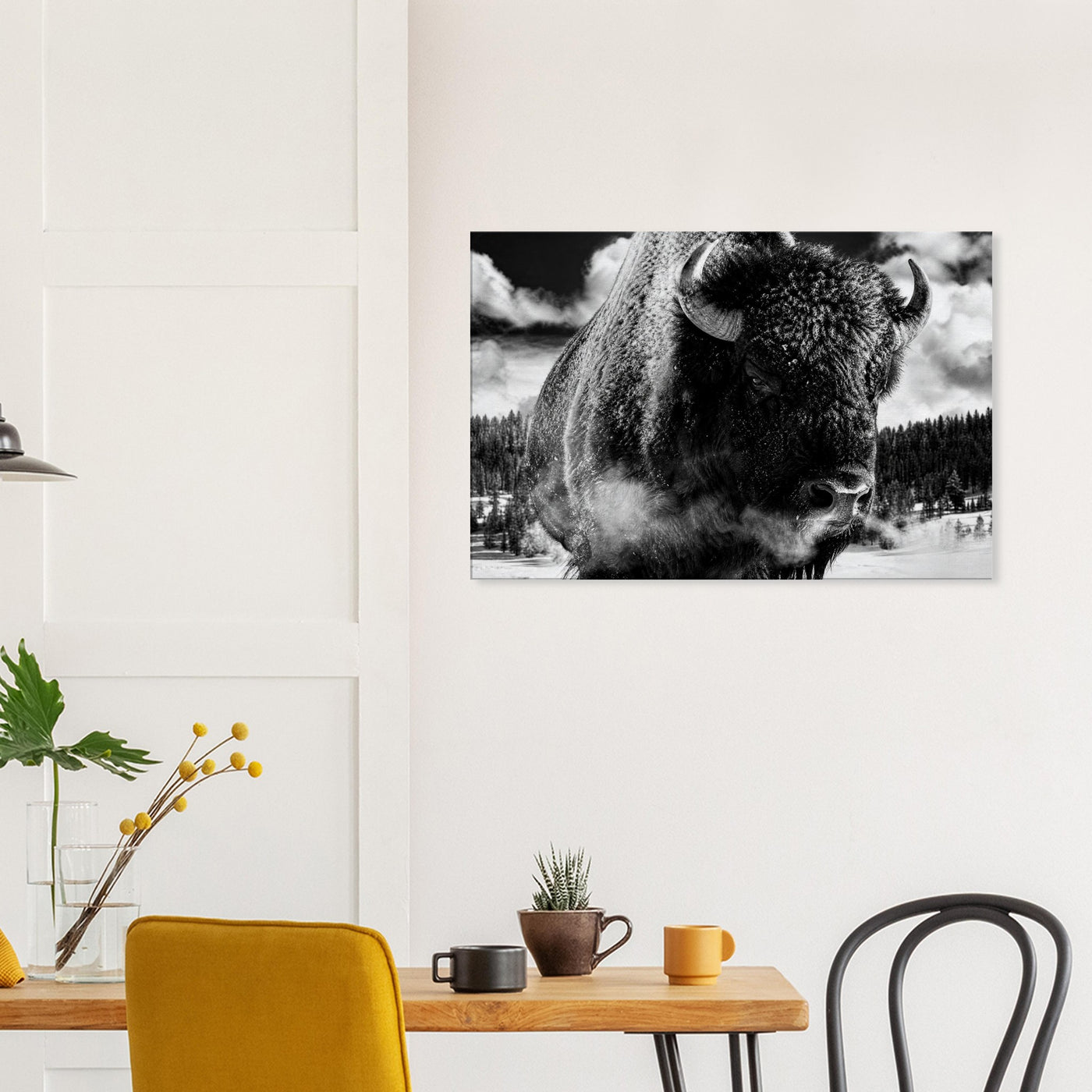 Canvas print of a winter bison in black and white — room view, ready to hang.