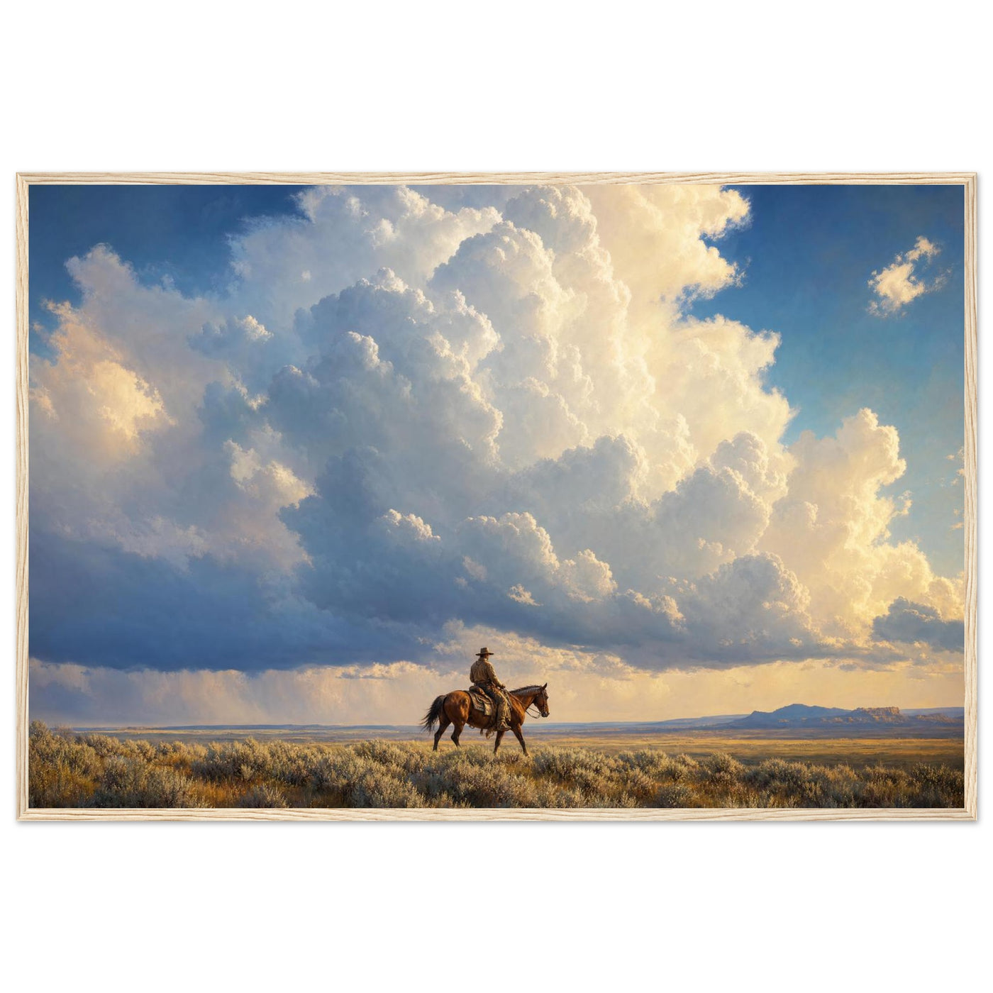 Wooden framed print of a lone cowboy at sunset — room view, ready to hang.