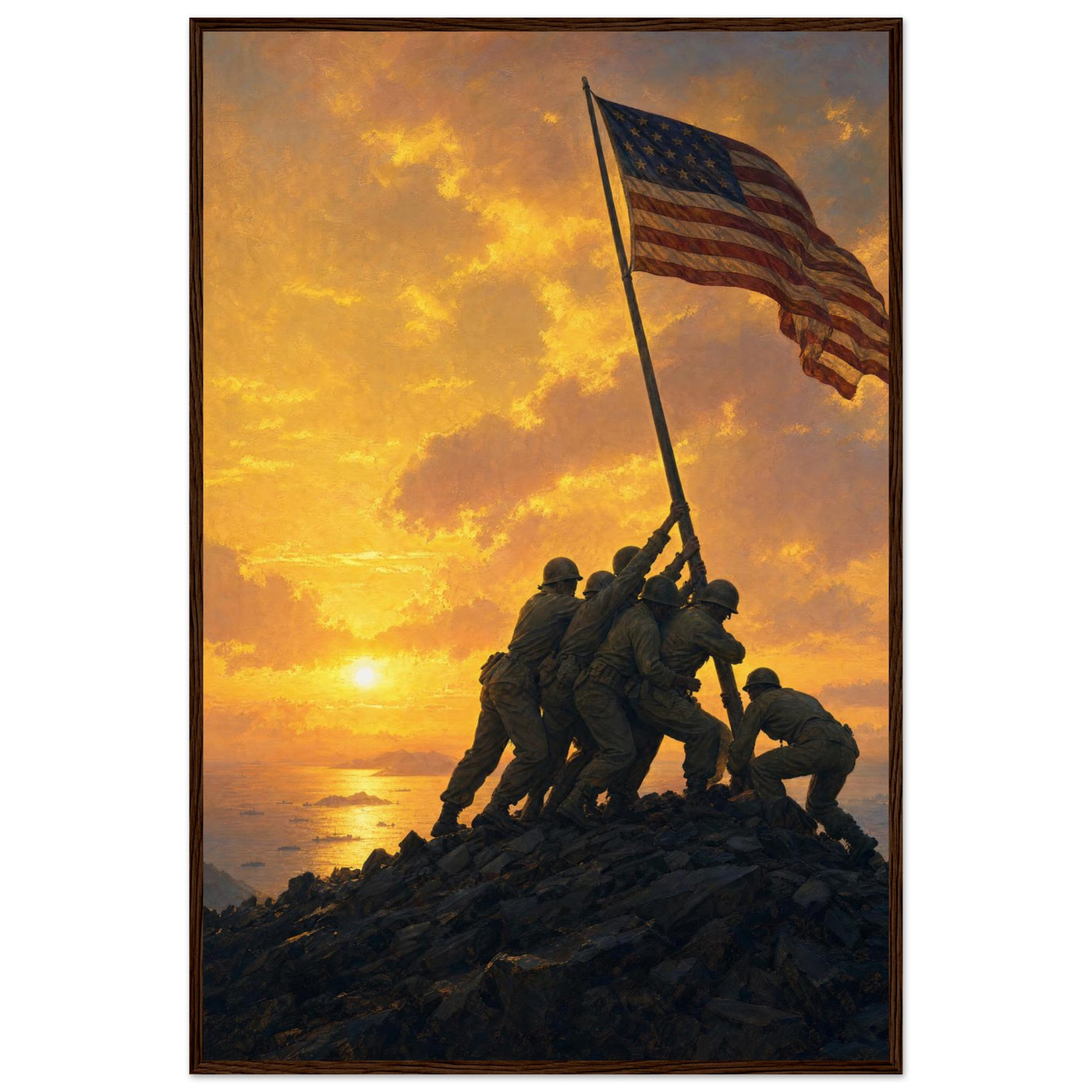 Wooden framed print of the flag raising on Iwo Jima — room view, ready to hang.