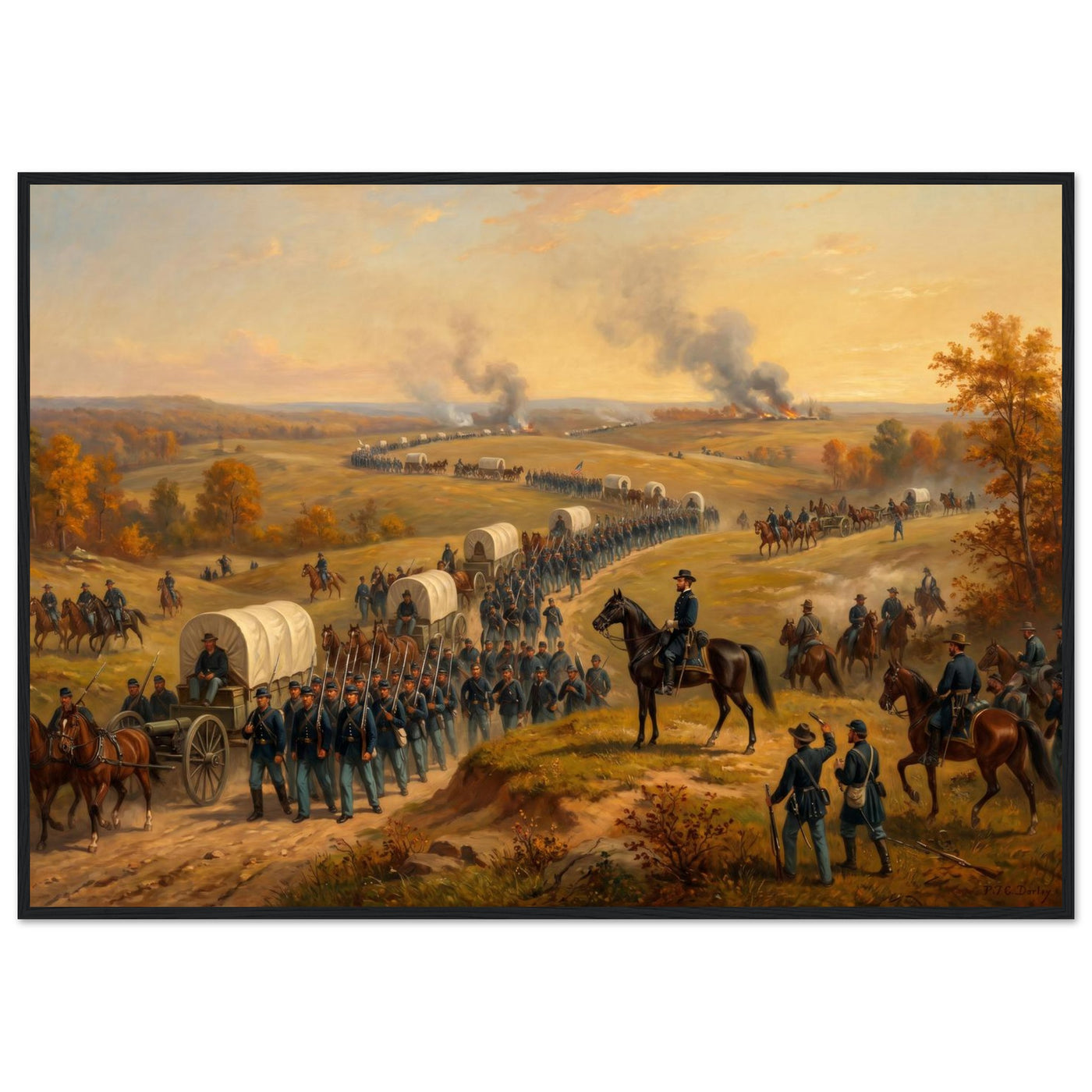 Framed panoramic art print of a Civil War cavalry and wagon column marching at sunset, in a solid wood frame.