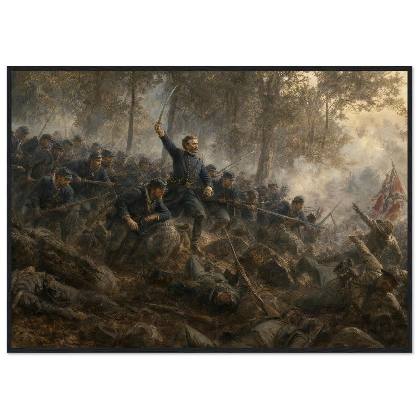 Framed art print of Union infantry charging up a rocky ridge with the colors flying, in a solid wood frame.