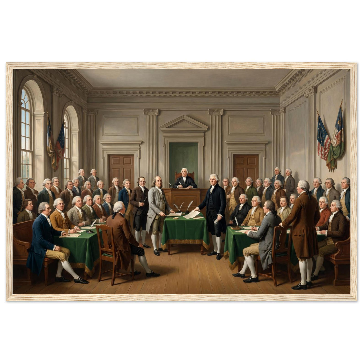 Wooden framed print of the signing of the Declaration — room view, ready to hang.