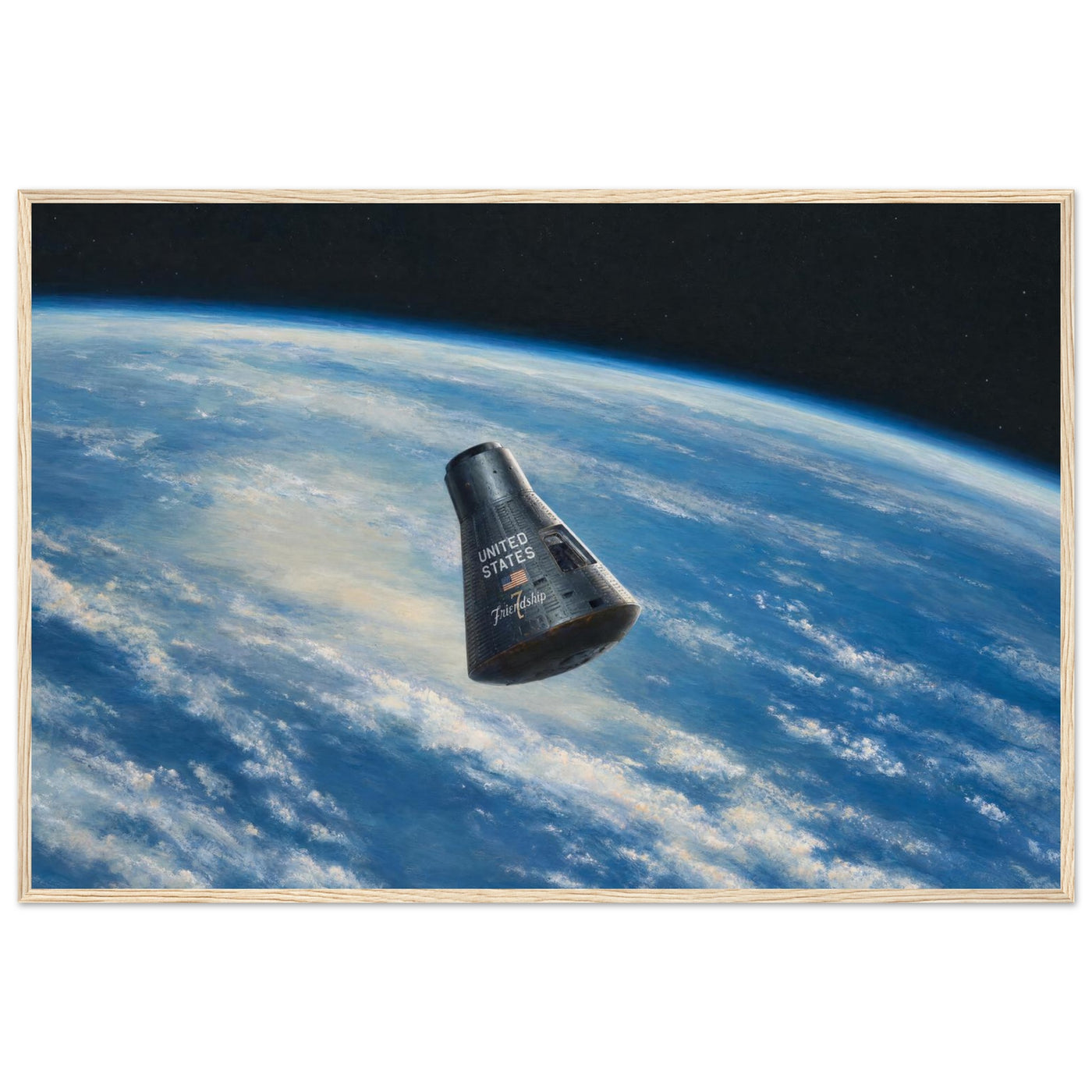 Framed panoramic art print of the Friendship 7 capsule orbiting Earth against the black of space, in a solid wood frame.