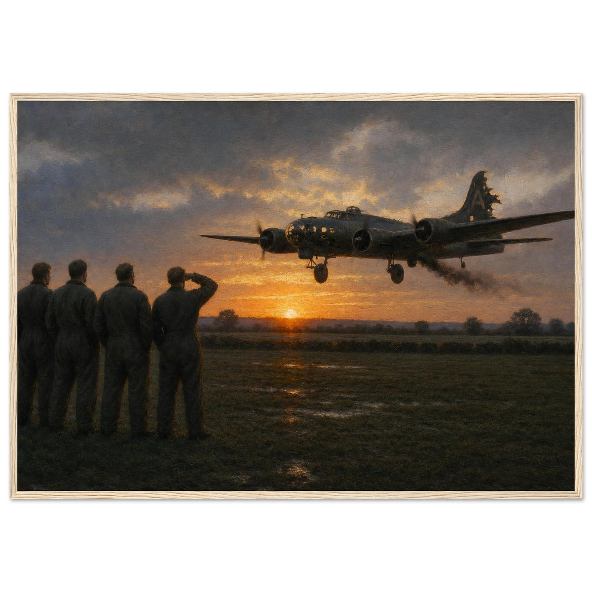 Coming Home Damaged — framed fine art print of a shot-up B-17 landing at sunset, 28x40″ in a natural wood frame