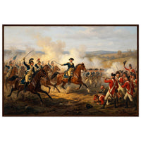 Framed art print of a mounted officer leading a Civil War cavalry charge with the colors, in a solid wood frame.